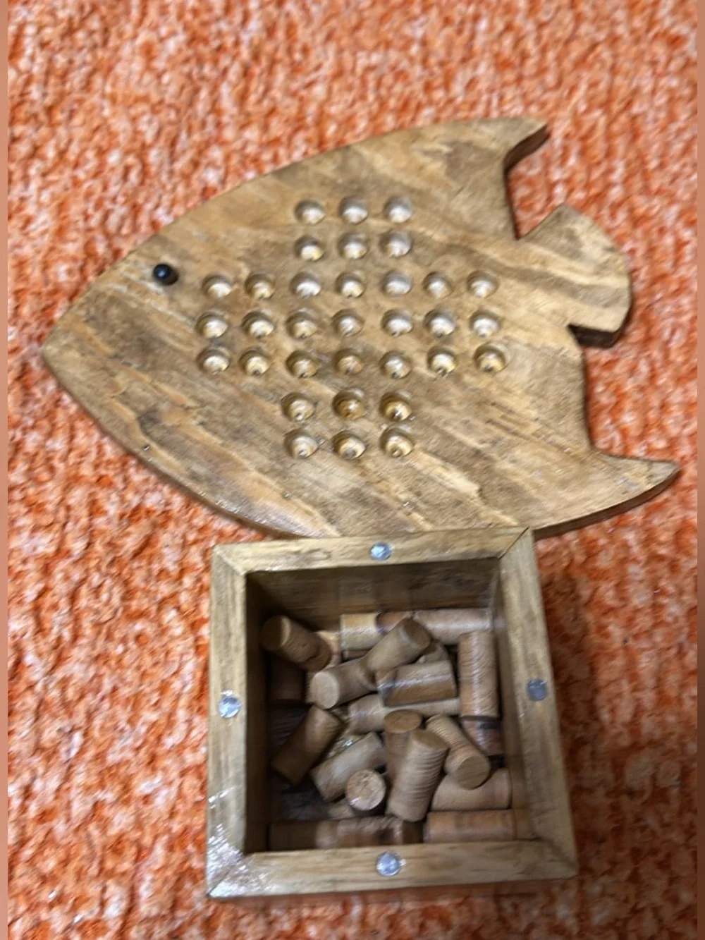 Handmade Wooden Fish Solitaire Peg Board Game with Magnetic Box Lid